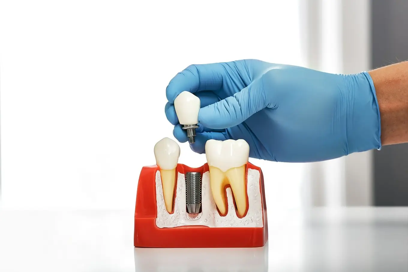 dentysta pokazuje instalację implantu dentystycznego